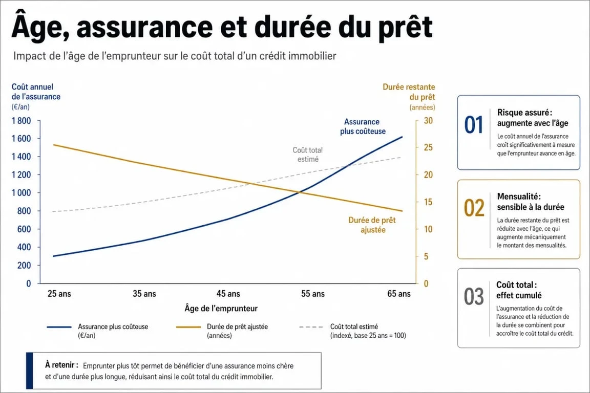 Infographie sur les conditions du crédit immobilier senior et l'impact de l'âge sur le coût de l'assurance emprunteur.