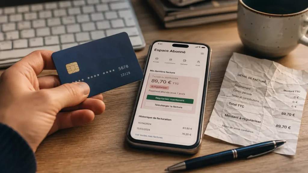 Free pour payer une facture : carte bancaire près du smartphone Espace Abonné