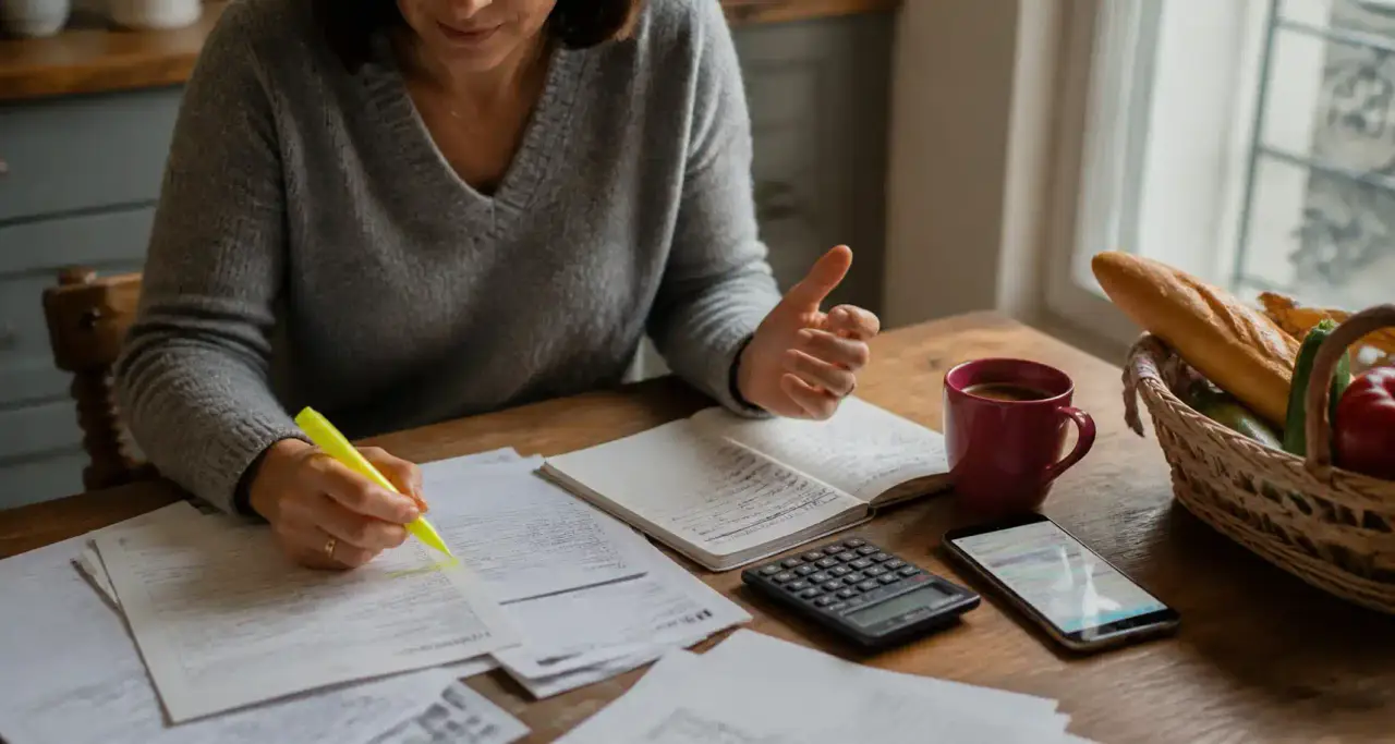 Table de cuisine avec relevés bancaires, carnet de budget, smartphone et tasse de café lors d’un point sur les dépenses du foyer