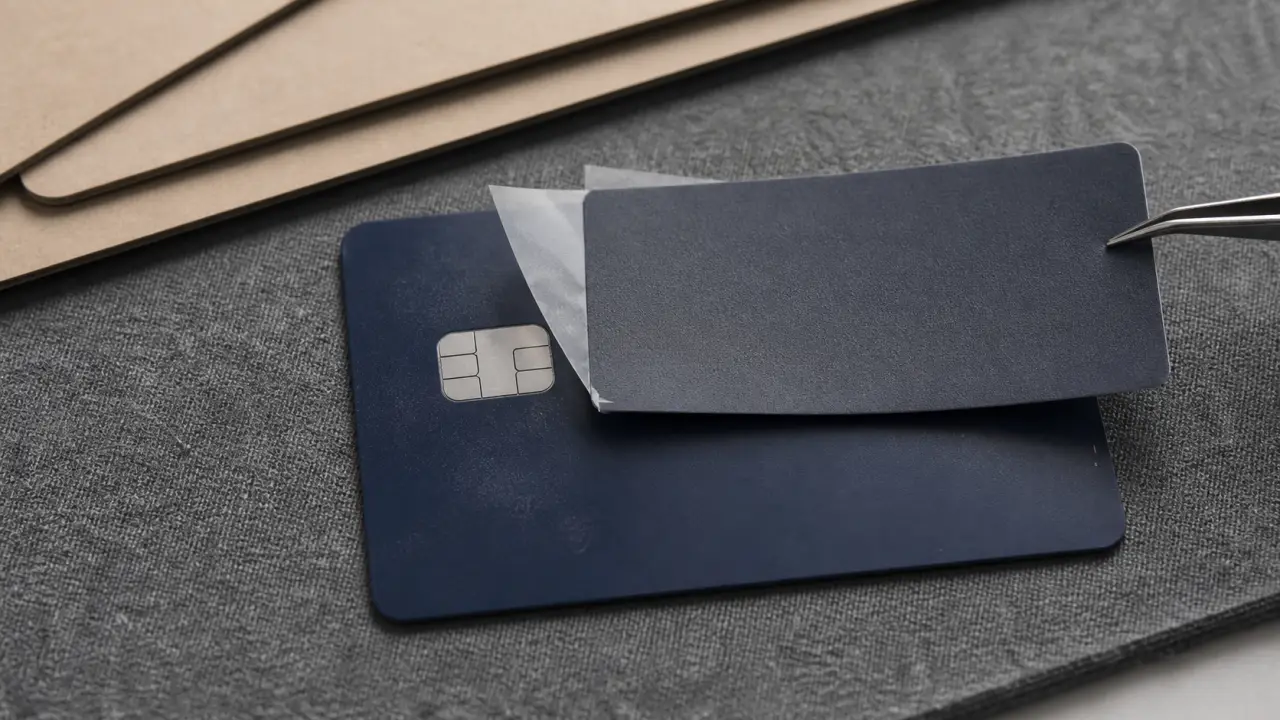 Autocollant carte bancaire en pose sur carte bancaire