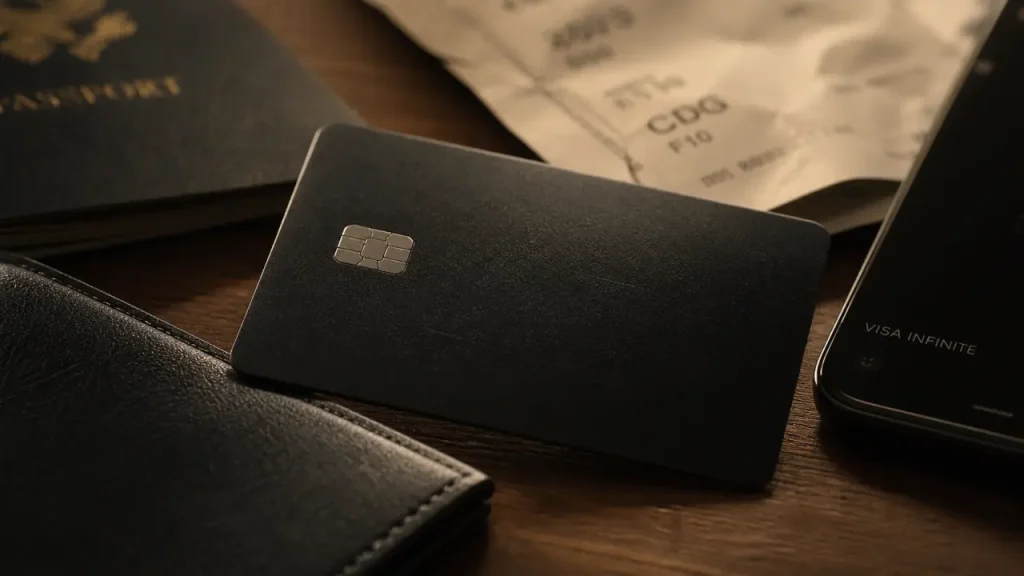 Carte bancaire noire mate, VISA INFINITE en arrière-plan flou