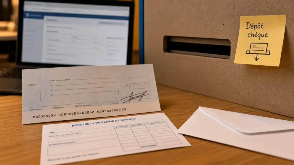 Déposer un chèque à la Banque Postale en ligne : chèque et bordereau près d’une boîte à lettres