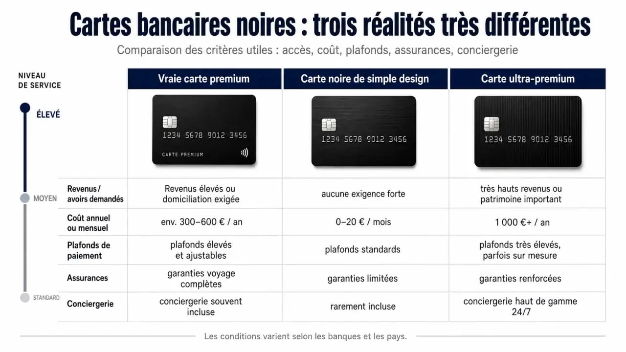 Carte bancaire noire : comparaison des revenus, coûts, plafonds et services premium