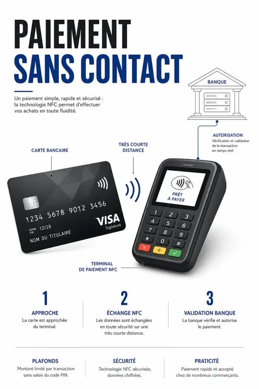 Comment fonctionne carte bancaire contactless safepay : schéma du paiement NFC entre carte, terminal et banque