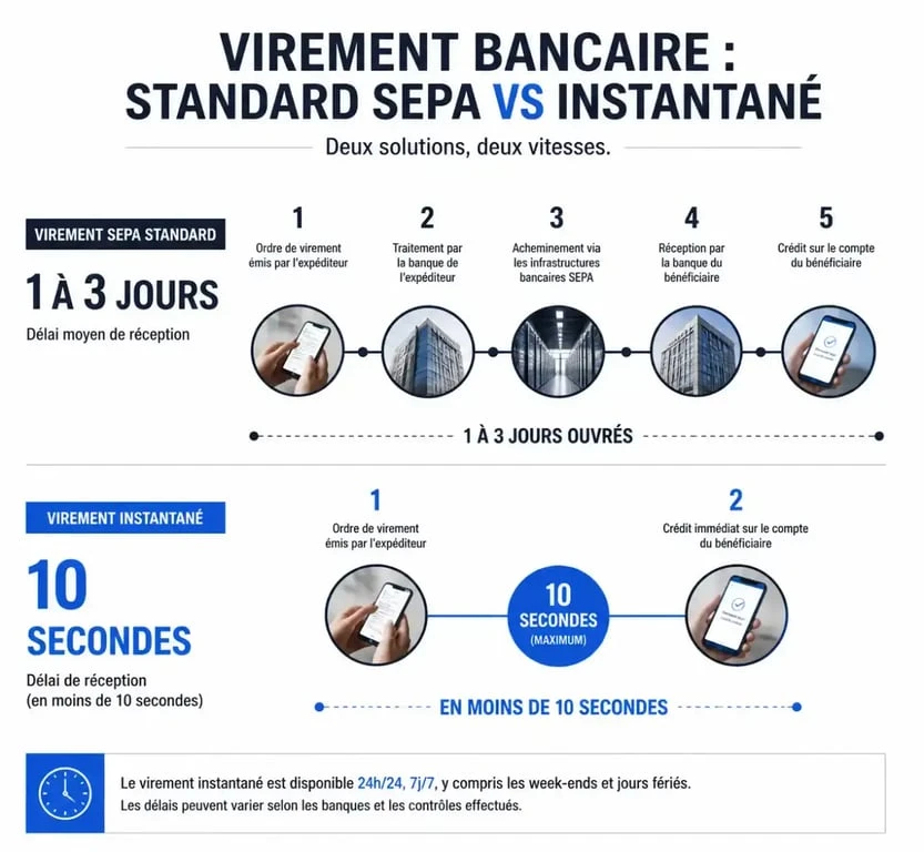 Infographie expliquant les délais de réception d'un virement bancaire SEPA et instantané sur Boursorama.