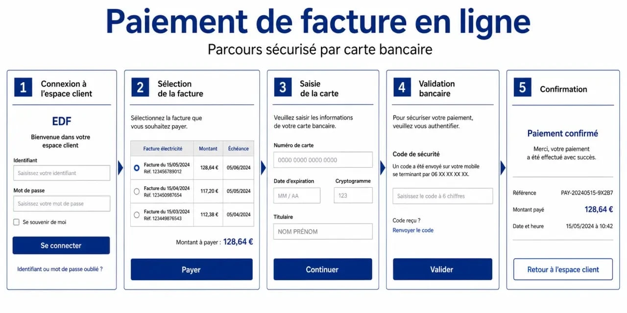 Payer ma facture EDF par carte bancaire dans l’espace client avec les étapes de connexion, saisie de carte et confirmation