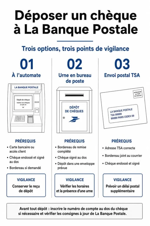 Déposer un chèque à la Banque Postale en ligne : comparaison des modes de dépôt automate, urne et envoi postal