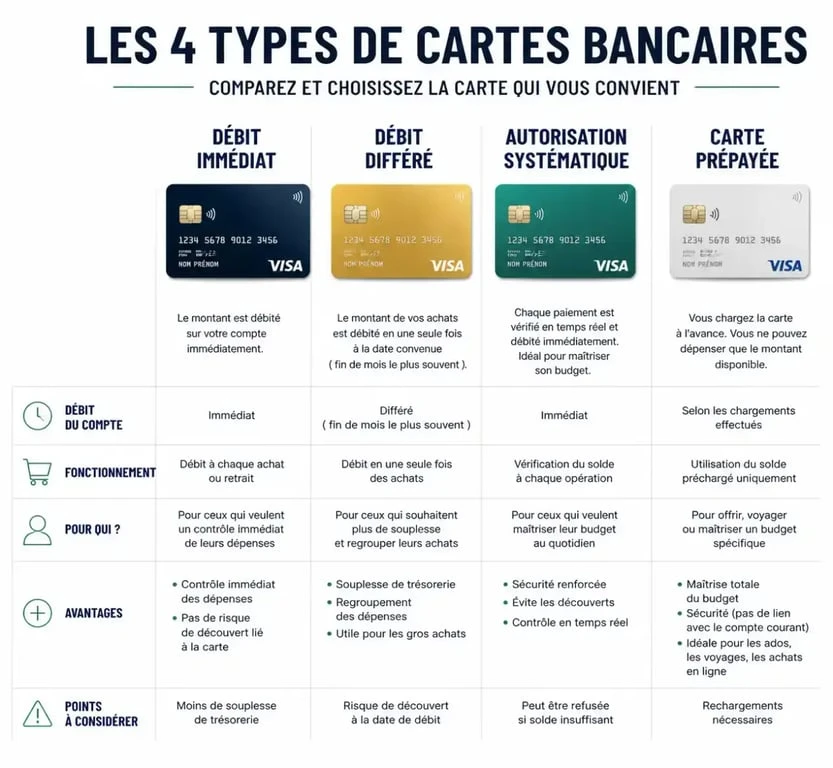 Comparatif des types de carte bancaire : débit immédiat, différé, systématique et prépayée