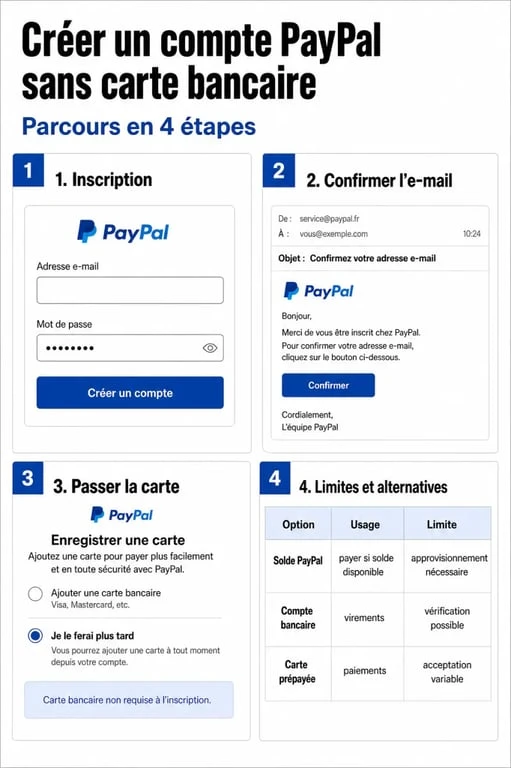 Créer un compte paypal sans carte bancaire : parcours d’inscription, confirmation email et limites d’utilisation