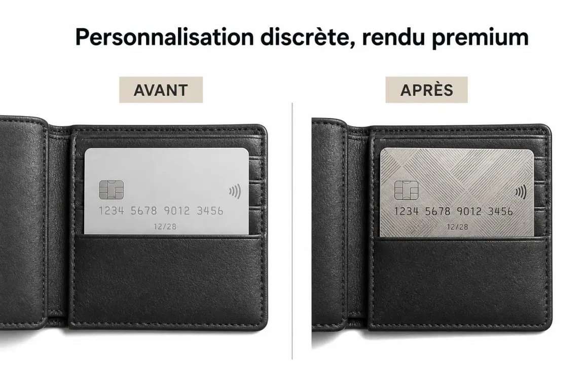Avant/après d’un autocollant carte bancaire sur une carte bancaire dans un portefeuille