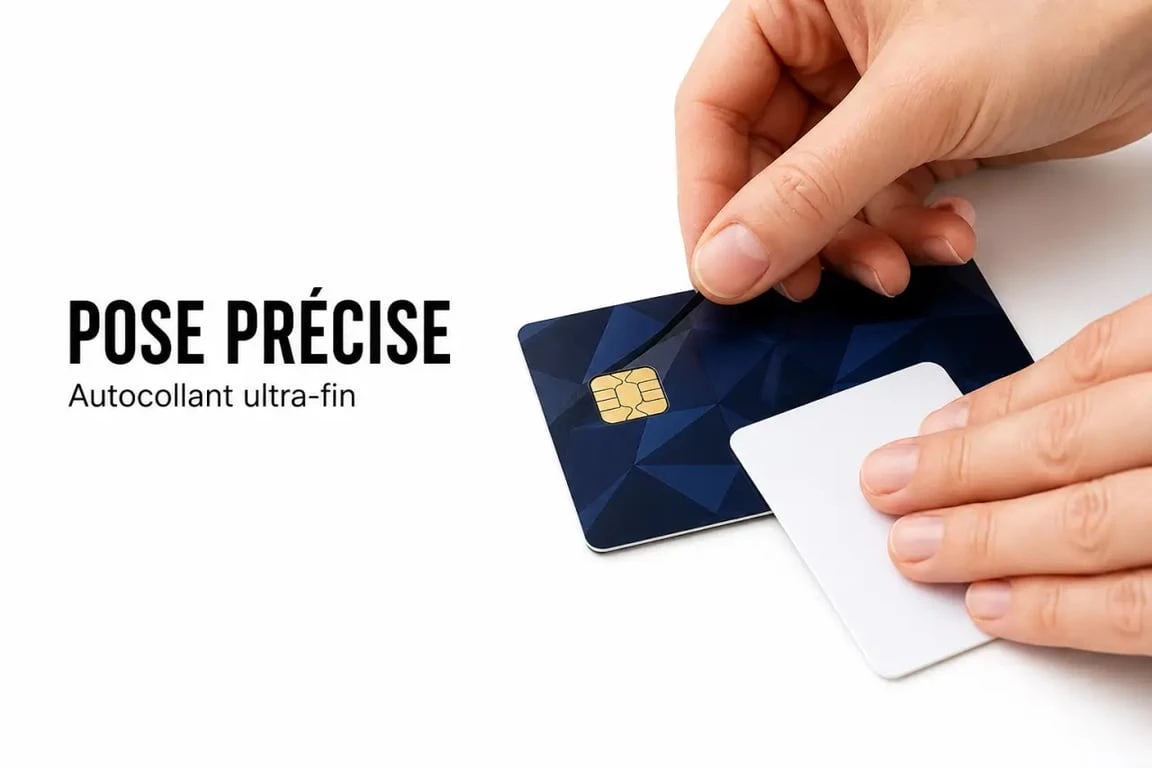 Pose d’un autocollant carte bancaire sur une carte bancaire avec alignement précis