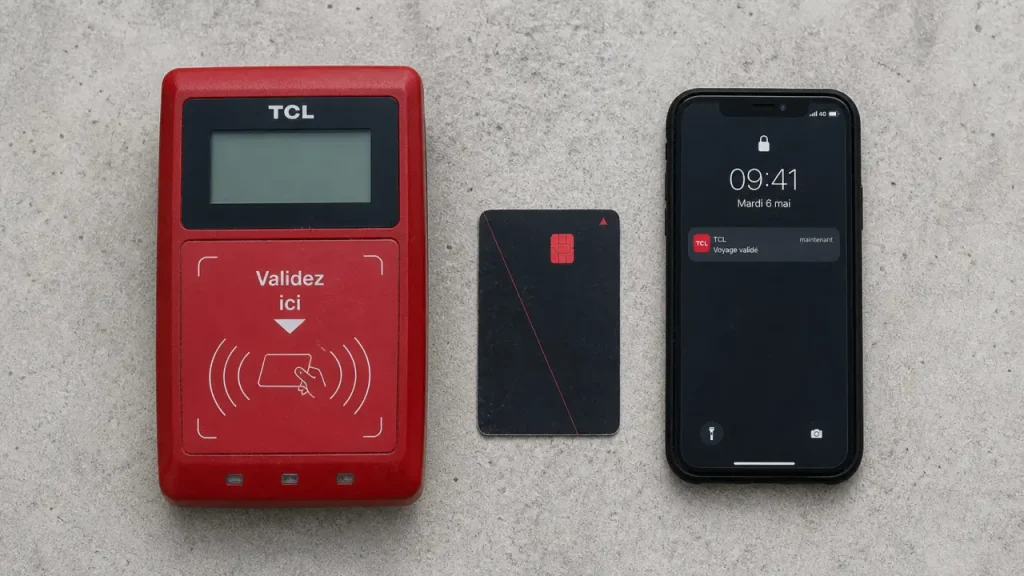 TCL carte bancaire : valideur rouge, carte sans contact et plafond 6,90 €