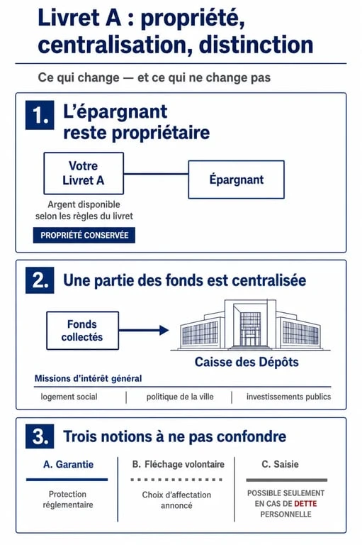 Infographie livret a guerre expliquant propriété, centralisation, garantie et saisie