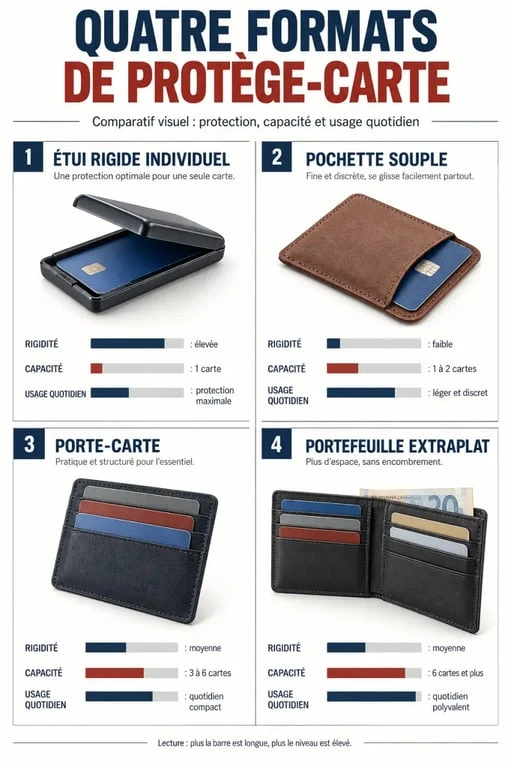 Infographie des formats de protège carte bancaire rigide, souple, porte-carte et portefeuille extraplat