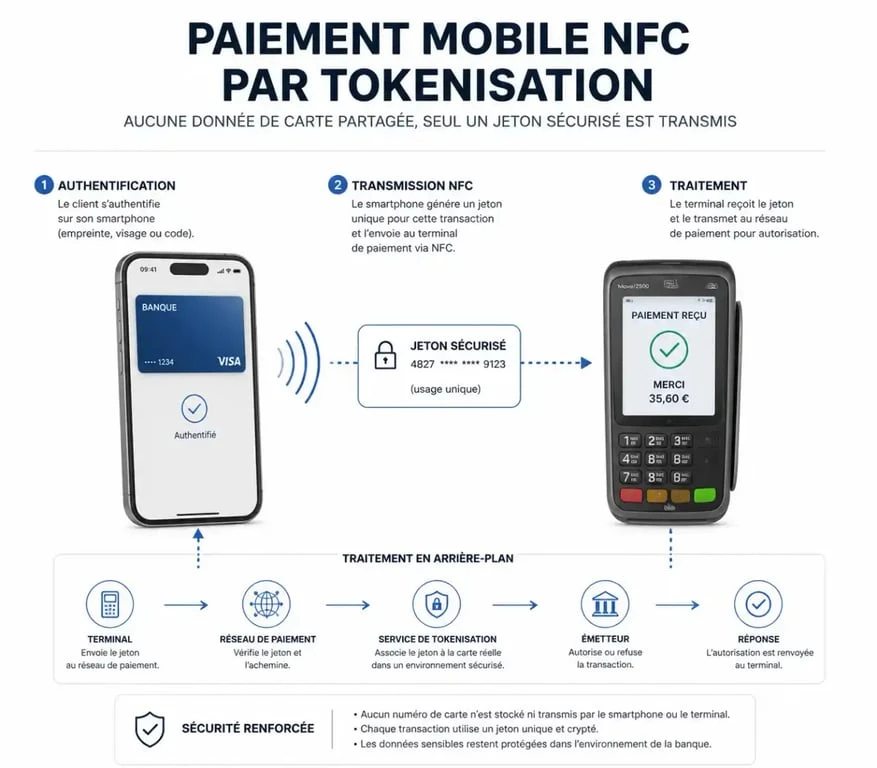 Schéma du fonctionnement du paiement mobile BNP Paribas par technologie NFC et tokenisation