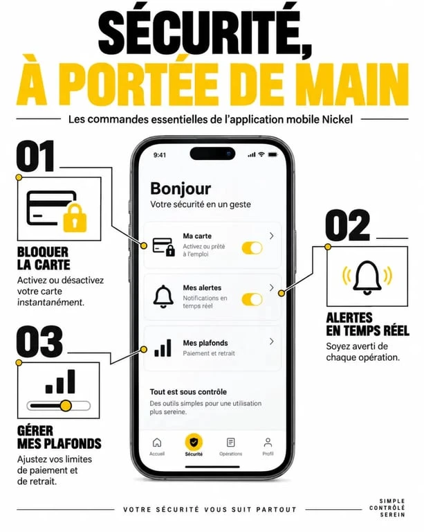 Fonctionnalités de sécurité et de contrôle de l'application mobile de la banque en ligne Nickel