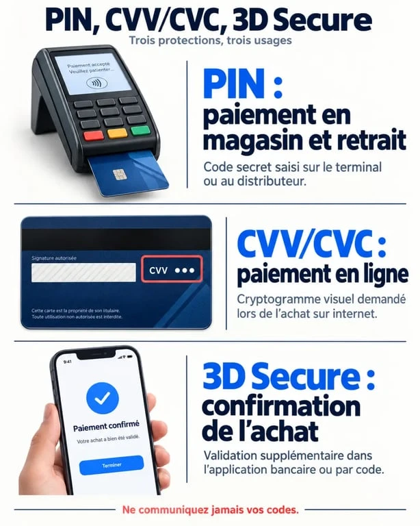 Infographie sur le code carte bancaire : différences entre PIN, CVV-CVC et 3D Secure