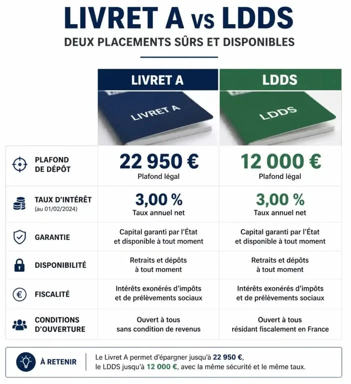 Comparatif des plafonds et caractéristiques entre le Livret A et le LDDS pour l'épargne réglementée