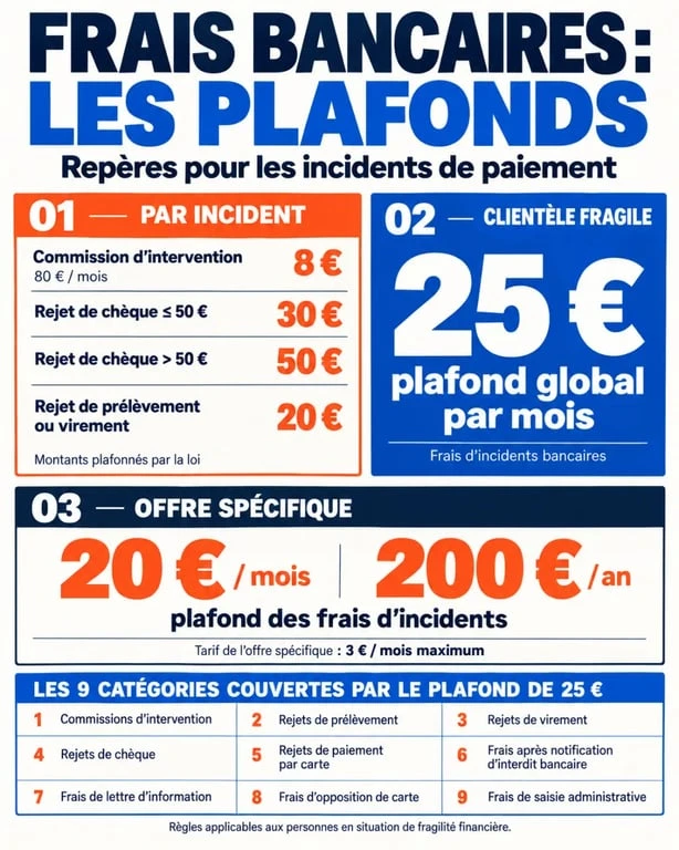 Infographie sur le plafonnement des frais bancaires et les plafonds de 25 €, 20 € par mois et 200 € par an