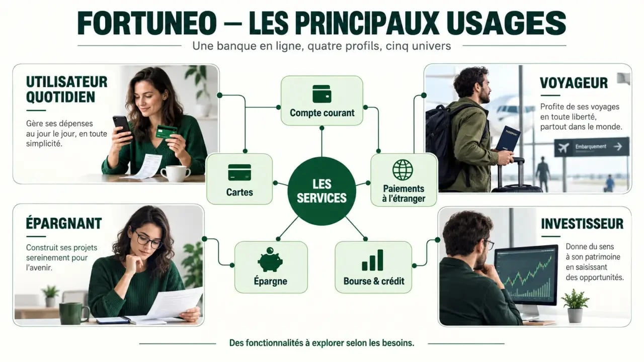 Infographie Fortuneo banque en ligne présentant les services selon les profils d'utilisateurs