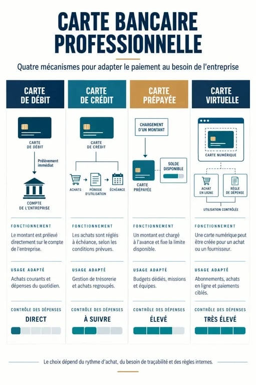 Carte bancaire professionnelle : comparaison des cartes de débit, de crédit, prépayées et virtuelles