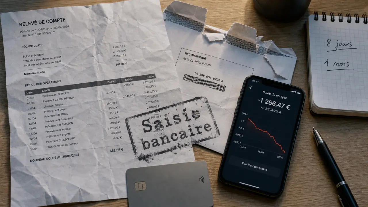 Saisie banque : délais avant blocage (8 jours, 15 jours, 1 mois).