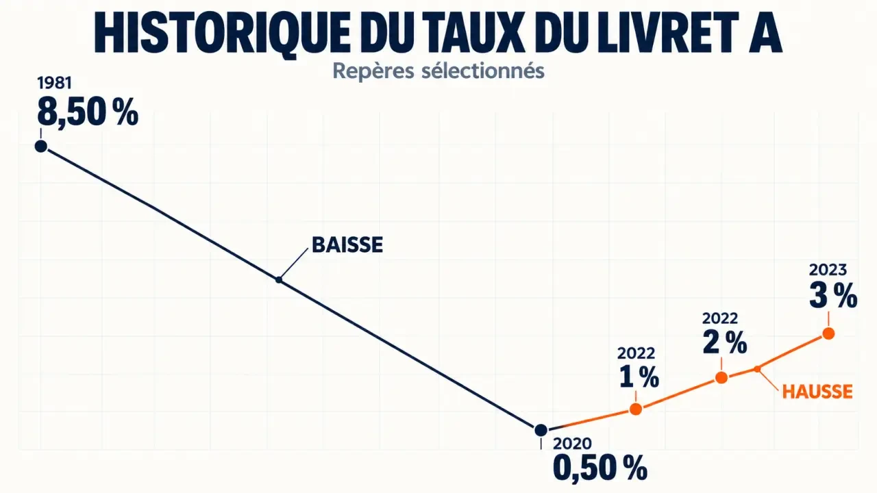 Infographie sur l’historique du taux du Livret A de 1981 à 2023